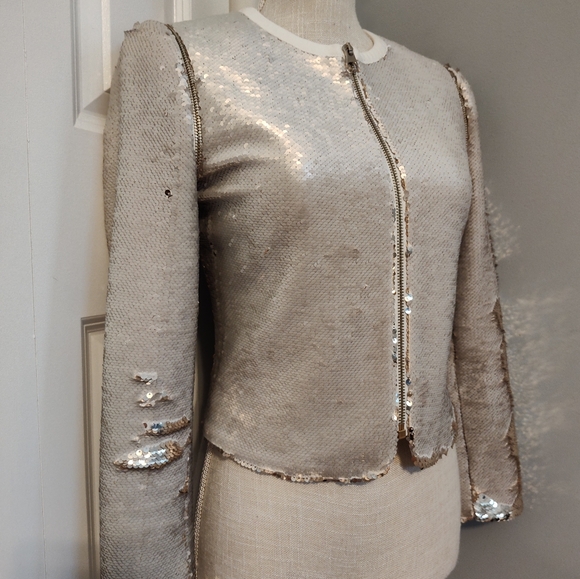 😍EUC TED BAKER LONDON Blubele Sequined Cropped Cocktail Jacket, White/Gold, 0 - Picture 3 of 15